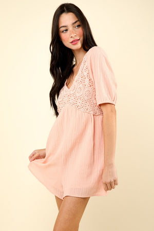 Blush Lace Detail Puff Sleeve Romper