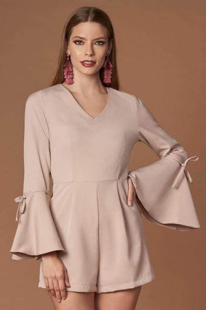 Genesis Taupe Flounce Sleeve Romper - Trendy Rompers