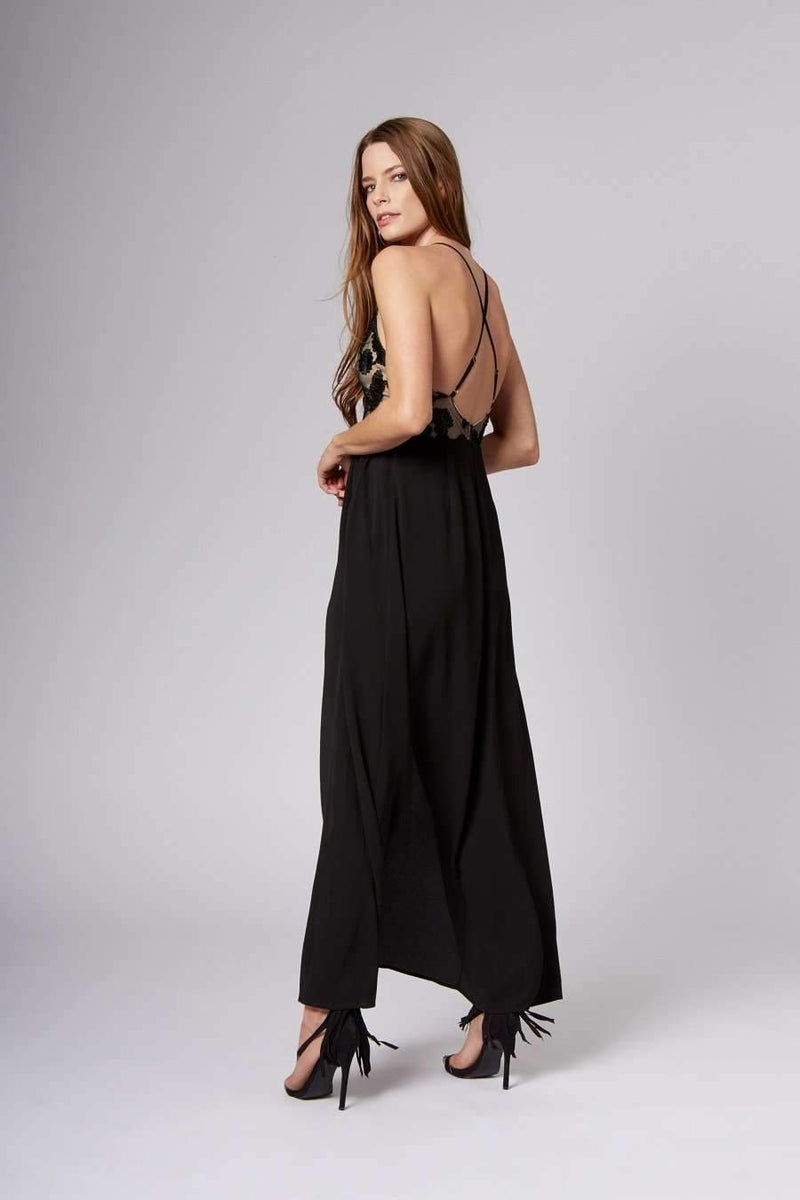 Sheila - Women's black jumpsuit with long openwork trousers maxi